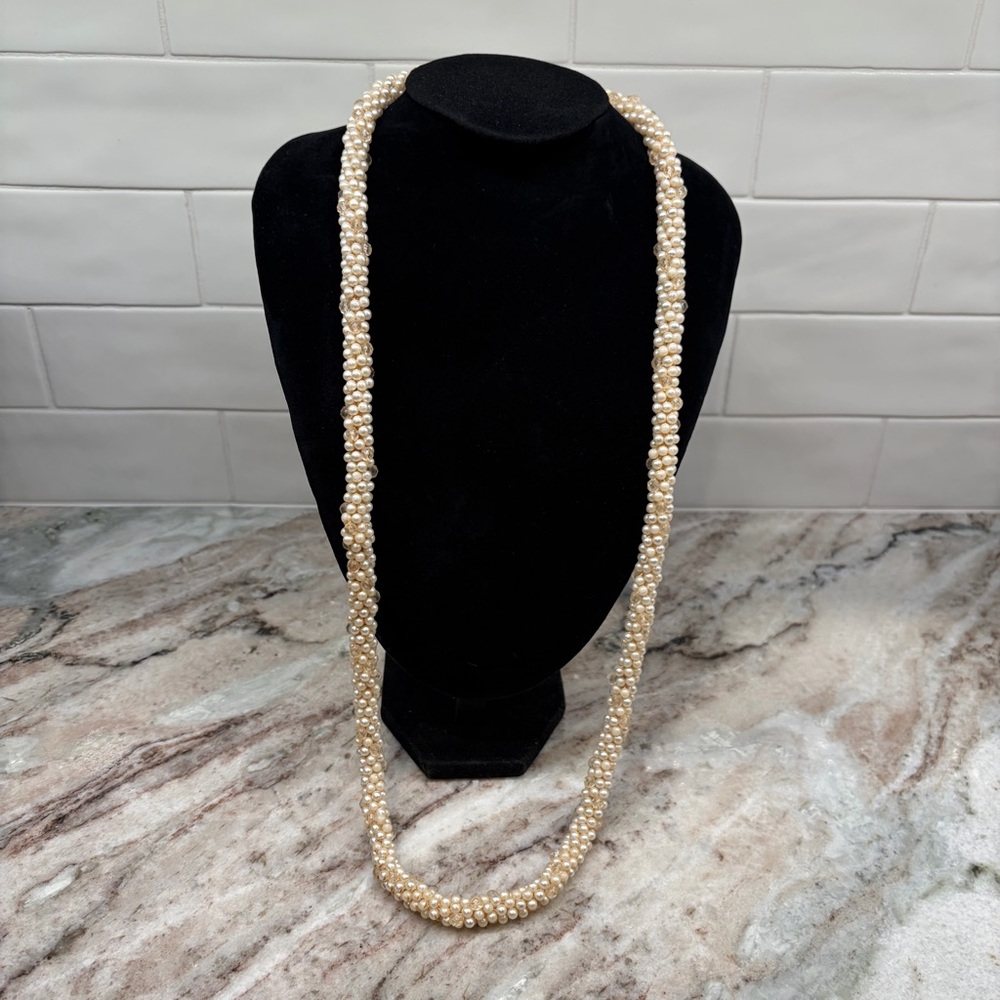 Vintage Beaded Twisted Necklace Cream Clear Shimmer 32” Longer Length